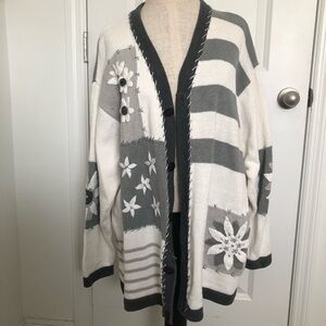 Vintage Storybook Knits Gray and White Floral Cardigan Sweater